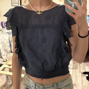 Navy blue lace ruffle top